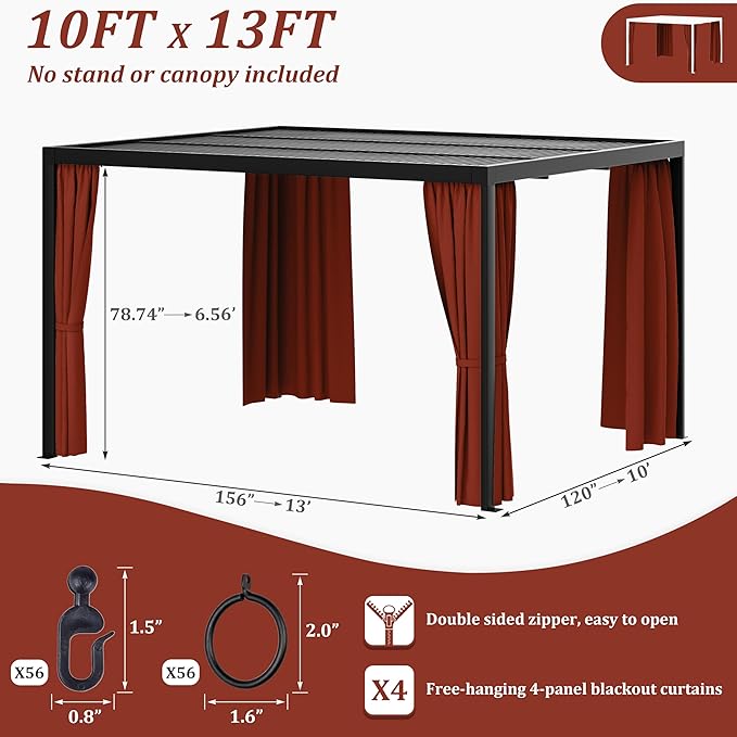 Gazebo Universal Replacement Privacy Curtain,10'×13' Gazebo Outdoor Waterproof Curtains, 4-Panels Sidewall Curtains with Double Zipper for Patio Canopy, Garden and Backyard (Curtain Only)