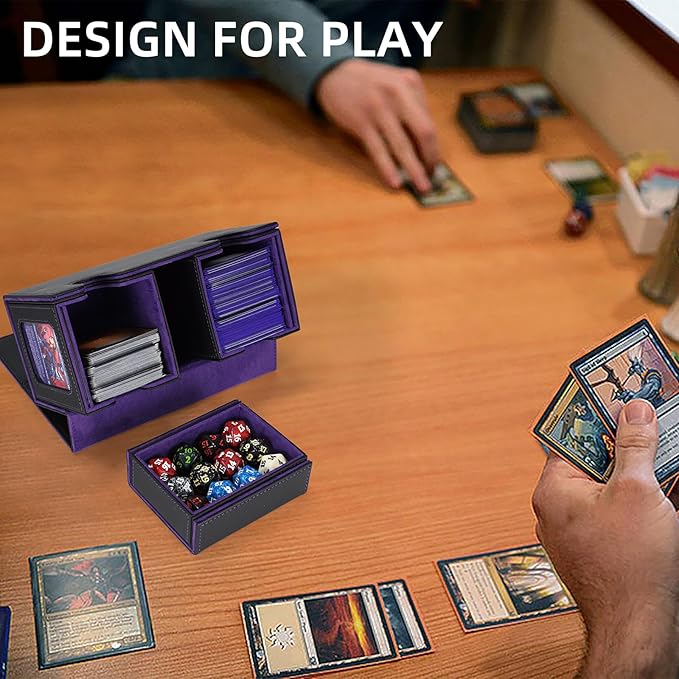 AFIING MTG Commander Card Storage Box - Fits 200 Double Sleeved Cards,3-in-1Card Deck Case,Strong Magnet Card Organizer For Magic Commander TCG CCG,4Dividers &2 Toploaders, Black/Purple