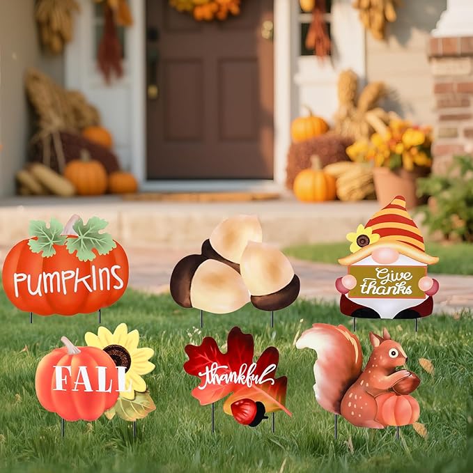 WONDER GARDEN Fall Yard Stakes Yard Signs, 6 PCS Metal Thanksgiving Garden Stakes with Pumpkin, Gnome, Maple Leaf, Chestnut and Squirrel for Harvest,Outdoor, Lawn,Farmhouse Decorations