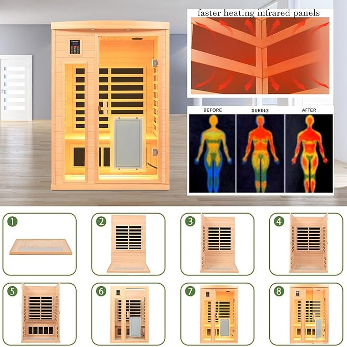 Infrared Sauna 2 Person, Ultra Low EMF Infrared Sauna (0-5mg), Far Infrared Saunas for Home, Canadian Hemlock Wood Indoor Sauna with Bluetooth Speakers, Reading Lamps, Chromotherapy Lights