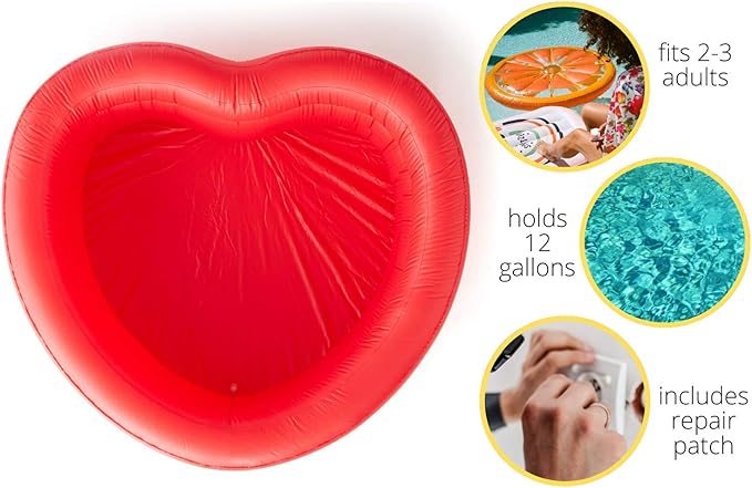 Ban.do Red Heart-Shaped Inflatable Swimming Pool, Large Blow Up Pool Fits 2-3 Adults, Red Heart