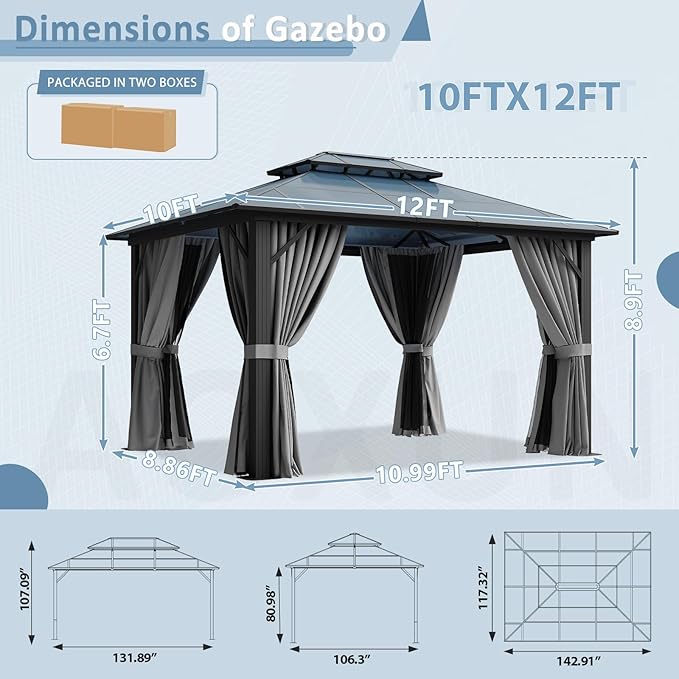 Aoxun 10'x12' Hardtop Gazebo, Aluminum Framed Outdoor Gazebo with Double Polycarbonate Roof, Durable Pavilion with Curtains & Netting for Patio, Garden, and Lawn
