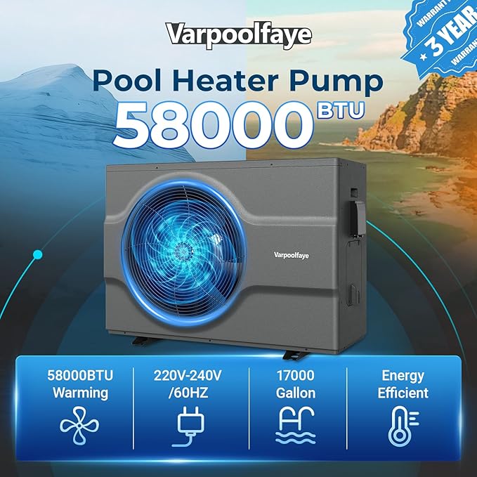 58000 BTU Inverter Swimming Pool Heat Pump, 17000 Gallon Electric Pool Heater Above and Inground Pool,WiFi App Control, Pool Heater 220V/60Hz