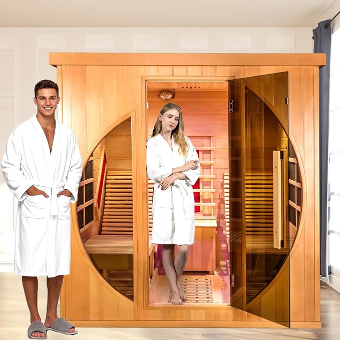 Smartmak Full Spectrum Infrared 2 Person Sauna Room, Red Light Therapy Luxury Wood Home Sauna with Recliner, Canadian Hemlock Indoor Dry Saunas Spa, 3400W with 10 Heaters, Speakers, Lights, Oxygen Bar