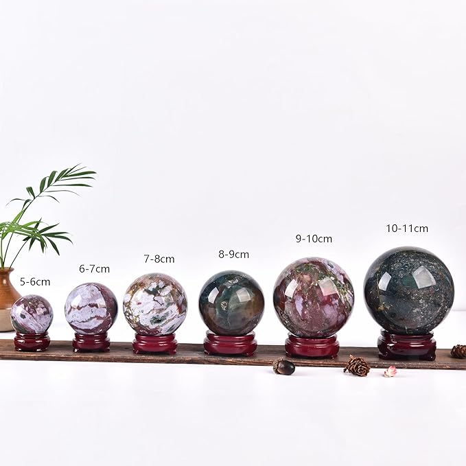 JIC Gem Natural Ocean Jasper Crystal Sphere Decorative Ball with Wooden Stand Meditation Balls for Witchcraft Reiki Healing Gift 50-60mm