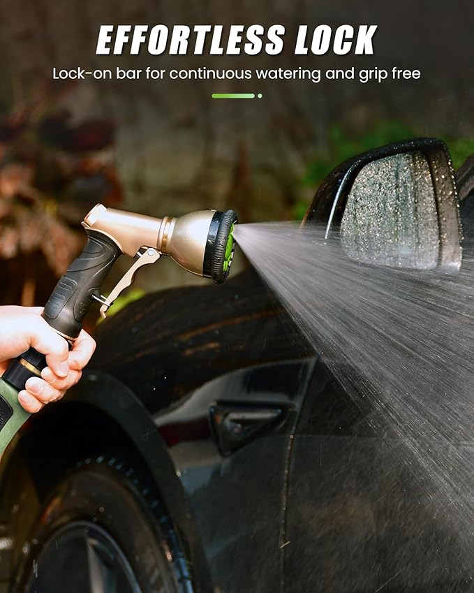 RAINPOINT Garden Hose Nozzle, Hose Sprayer Nozzle with 9 Spray Patterns, High Pressure Water Hose Nozzle Heavy Duty Metal Hand Sprayer, Watering Plants and Lawn, Car Washing, Pet Showering,Green