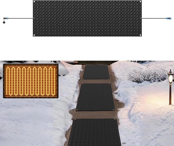 Snow Melting Mats Outdoor for Walkways, 20 x 60 in No-Slip Heated Outdoor Mats with 10 ft Power Cord, 3 in/h Speed Snow and Ice Melting Pads for Winter Backyards Snow Removal