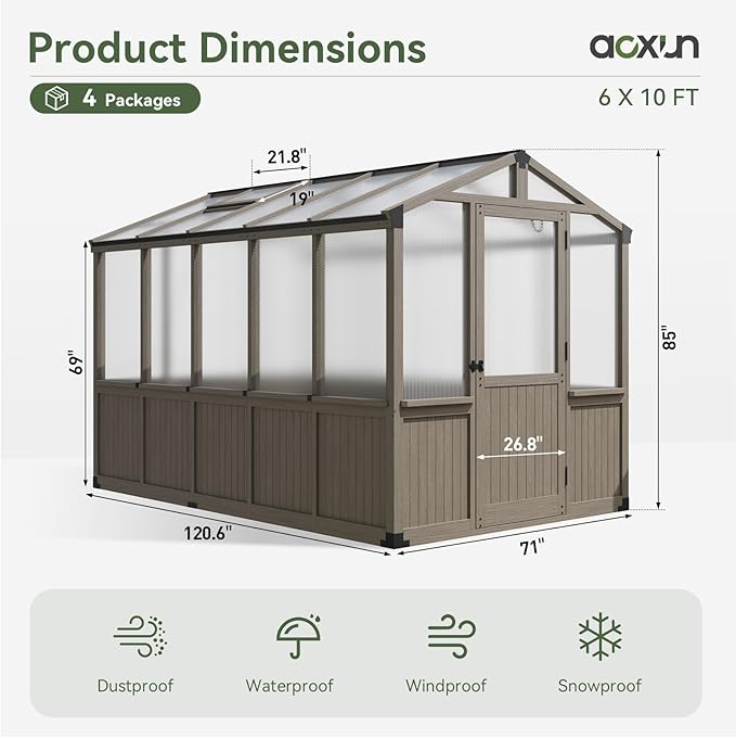 Aoxun 6x10 FT Walk-in Wooden Greenhouse,Solid Cedar Frame,Polycarbonate Panels, Automatically Temperature Control Roof Vent and Lockable Door,for Outdoor, Garden, Backyard,Patio, Lawn, Gray