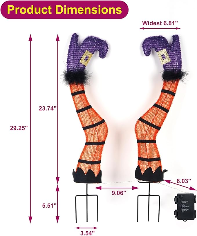 30" Halloween Lighted Witch Legs with Stakes, Light Up Witch Feet with Timer & 8 Lighting Modes, Battery Operated Witch Decor for Outdoor Yard Garden Lawns Pathway Decor (24" Leg+6" Stake)