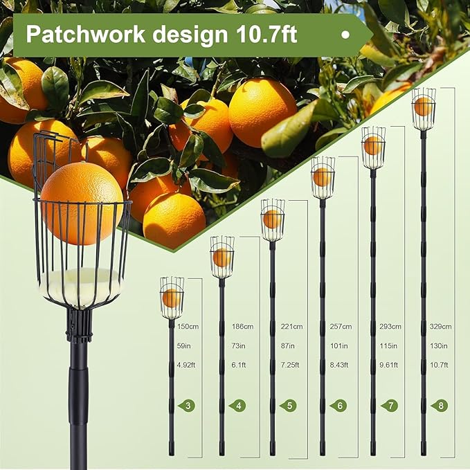 Fruit Picker Pole with Basket - 10.7FT(329CM) Adjustable Tree Gardening Supplies with Stainless Steel Handle Apple Picker Fruit Grabber Reach Tool for Mango Pear Orange Avocados Fruit Picking, Black