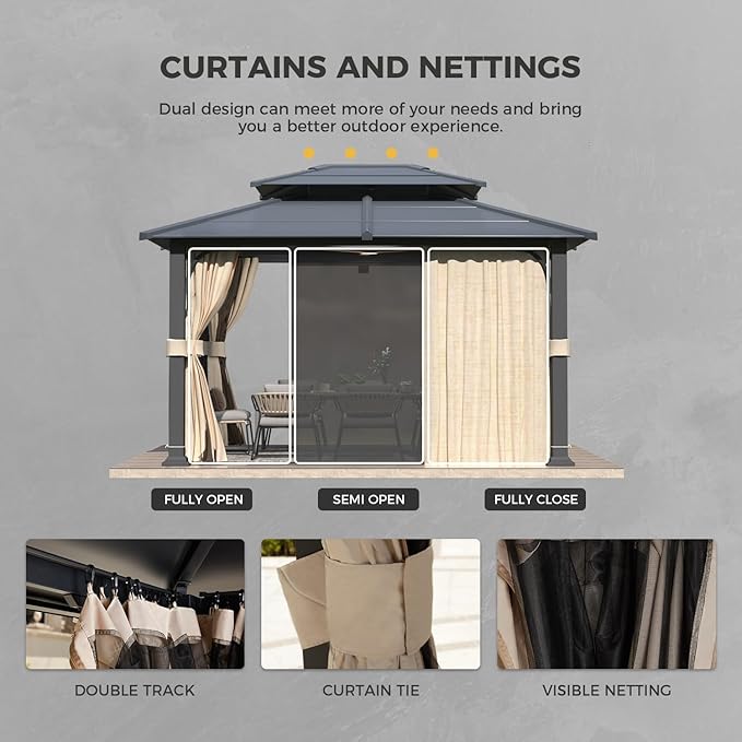YOLENY 12’x 14’ Gazebo with Galvanized Steel Roof, Double Roof Design with Anti-Rust Coating, Outdoor Gazebos with Curtains and Netting, Sunshade for Gardens, Lawns, Deck