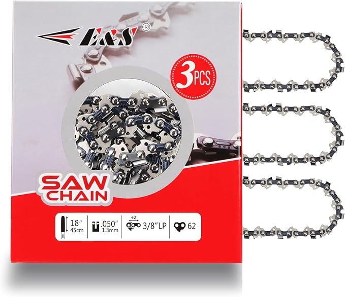 E & S 3 Pack 18 Inch Chainsaw Chain 3/8" LP Pitch .050" Gauge 62 Drive Links Semi-Chisel Chain Saw Chains for Husqvarna, Poulan, Craftsman, Greenworks and More Chainsaw Brands