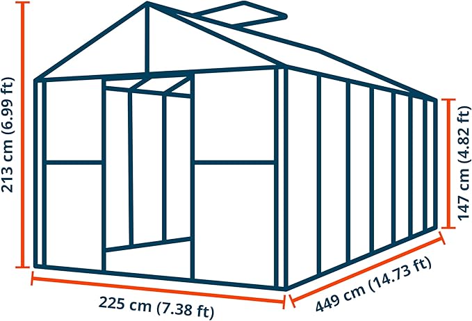 Greenhouse Topas 7 Aluminum Frame 7.4 x 14.7 ft with Approx. 8 mm Polycarbonate Panels - with Bonus Base Frame and Automatic Vent Opener