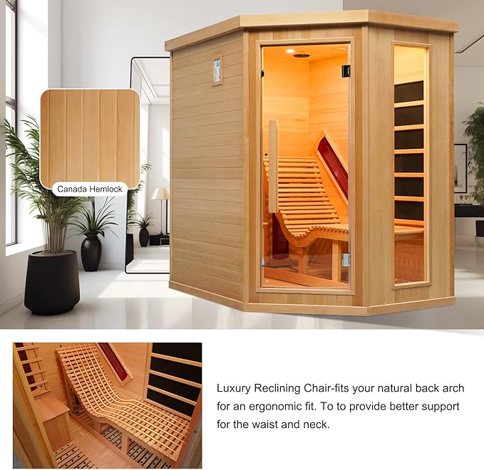 ZONEMEL 1 to 2 Person Infrared Sauna Room, Canadian Hemlock Wood Sauna with Recliner, Tempered Glass Door, 220V, 2300W, 4 Full Spectrum Heating Tubes, 4 Carbon Crystal Heating Panel, Oxygen Bar
