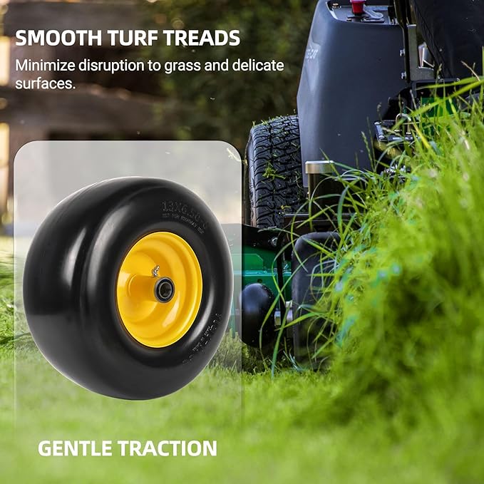 AR-PRO (2-Pack) 13x6.50-6 Flat Free Tire and Wheel, Replacement Solid Smooth Tires for Zero Turn Riding Lawn Mower Front Wheels, 5.5"-7.8" Centered Hub, 3/4" Bearings extra 5/8" & 1/2" Bushings