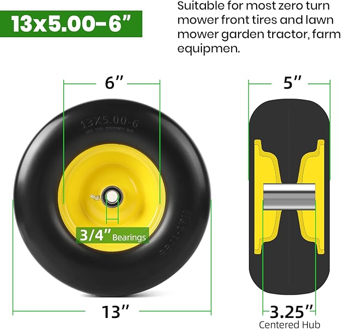 AR-PRO (2-Pack) 13x5.00-6 Flat Free Lawn Mower Tire and Wheel- Solid Smooth Tread Replacement Front Tire for Riding Zero Turn Mowers, Garden Tractors – 3/4" and 5/8" Bearings, 3.25"-5.9" Centered Hub