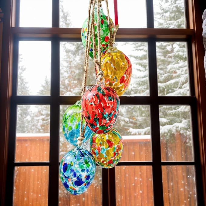 6pcs Decorative Hanging Christmas Balls Ornaments Gazing Ball, Hand Blown Xmas Glass Ball for Holiday Outdoor Garden Décor