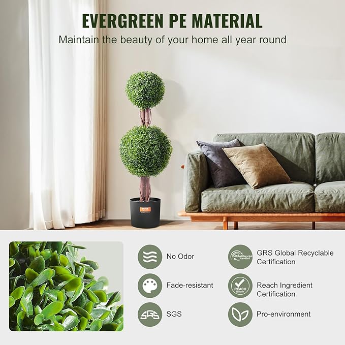 VEVOR Artificial Boxwood Topiary Tree, 36 inch Tall (2 Pieces), Double Ball Faux Topiary Trees, Faux Plant w/Extra Leaves & Pot & Small Decoration, UV Rated Set for Home Decor Indoor/Outdoor