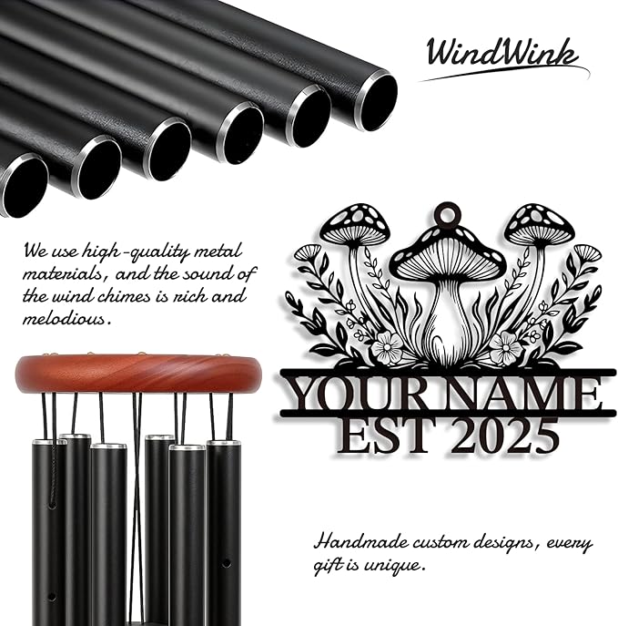 Personalized Customize Name Fantasy Mushroom Wonderland Wind Chime, Metal Iron 37 Inch Outdoor Memorial Gift for Garden Yard Patio Home Decor, Black (Style A)