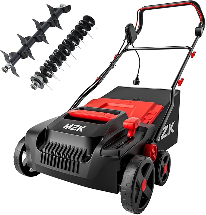 MZK 15-inch 2-in-1 Electric Dethatcher and Scarifier w/Removeable 5-Position Height Adjustment,Lawn dethatcher w/12-Gallon Thatch Collection Bag,Keep Lawn Health,(DS15A06)