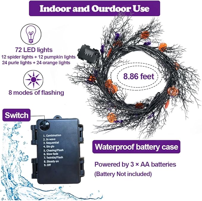 Halloween Decor Lights 8.86FT 72 LED Willow Vine Twig with Timer Battery Operated Garland Lights with Orange Pumpkins Purple Spiders and Black Dead Branches Indoor Halloween Decorations for Home