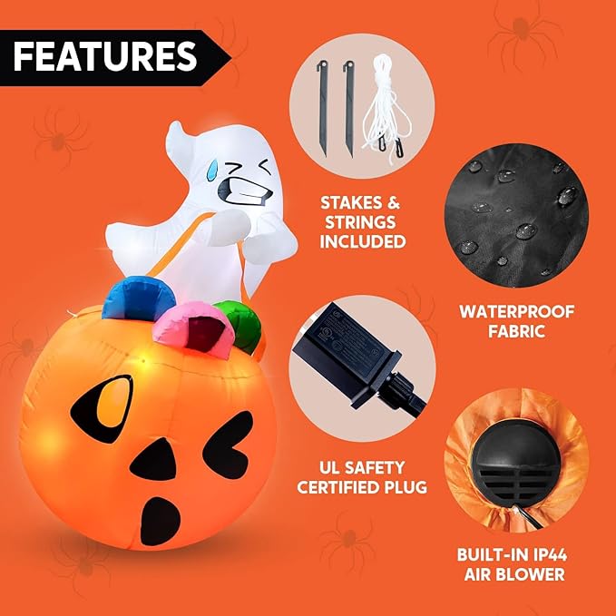 Joiedomi 5 FT Tall Halloween Inflatables Outdoor Decorations, Inflatable Cute Ghost Halloween Decor Outdoor, Blow Up Ghost Lift Pumpkin Candy Bag with Build-in LEDs for Yard Decorations