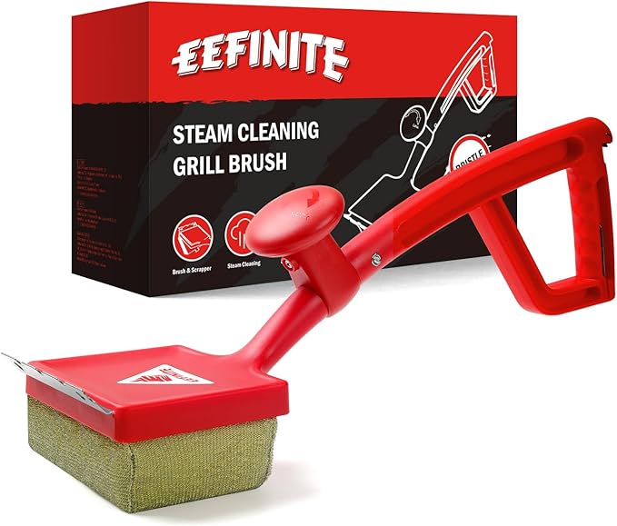 Steam Grill Brush Bristle Free, Safe Cleaning BBQ Grill Brush with Scraper, Replaceable & Dishwasher-Safe Scrub Head, Grill Cleaner Tool with Durable Ergonomic Handle, Red