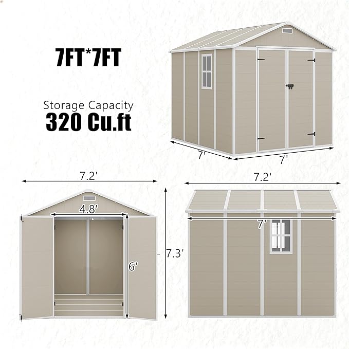 Outdoor Shed 5x3/6x4/7x7/8x6/8x10/8x12 FT, 15MM Thick PP Resin Plastic Shed with Lockable Door & Floor - Waterproof Plastic Tool Shed for Bike, Garbage Can, Backyard, Patio ﻿ ﻿ (Light Brown, 7x7FT)