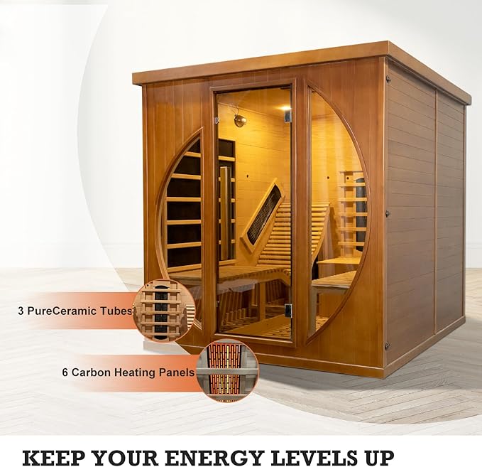Far Infrared Wooden Sauna Room, Luxurious Canadian Red Cedar Sauna with 2 Oversize Recliners, 220V, 3400 W, 9 Heating Element, Bluetooth Speakers, 7 Color Light, Oxygen Bar, Low EMF
