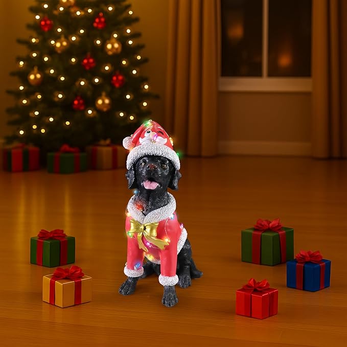 Christmas Outdoor Decoration Dog Statue, LED Light Cute Labrador Dog Sculpture with Pink Santa Outfit & Lights for Garden and Yard, Indoor Holiday Décor Gift for mom and dad