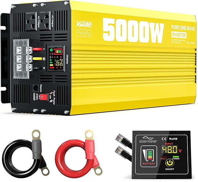 XWJNE 5000W Pure Sine Wave Power Inverter 24V DC to 120V AC Converter with LED Display and Remote Controller for Home, RV, Truck, Off-Grid Solar Power