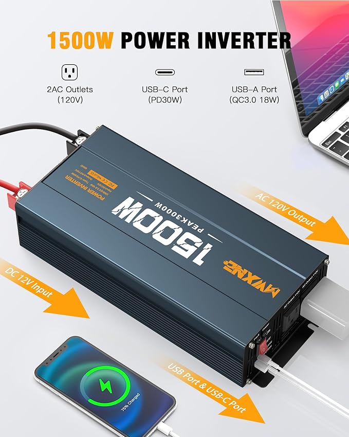 1500W Power Inverter, 12V DC to 120V AC Converter with Dual AC Outlets,QC3.0 18W USB and 30W Type-C, Car Inverter for Truck RV Home - Navy Blue/Black