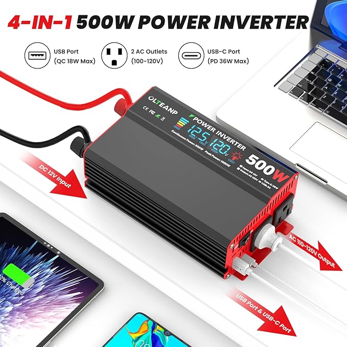 500 Watt Power Inverter 12V DC to 110V/120V AC Inverter with LCD Screen Display, 2 AC Outlets, 36W Type-C Port, 5V/3A USB Port, Car Power Converter for Truck, Home, Vehicles, Laptop, Trip