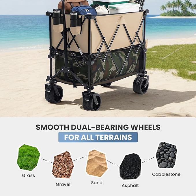 DUMOS Large Capacity Folding Double Decker Wagon with Brakes, 440 lbs Wagons Carts Foldable Wagon Cart with Flexible Handle, All-Terrain Big Wheels for Grocery Sports Garden Camping