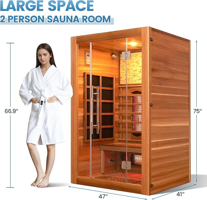 Full Spectrum Infrared Sauna, 2 Person Home Sauna 120V 1750W, Indoor Dry Sauna with Himalayan Salt Panel and LCD Touch Control Panel