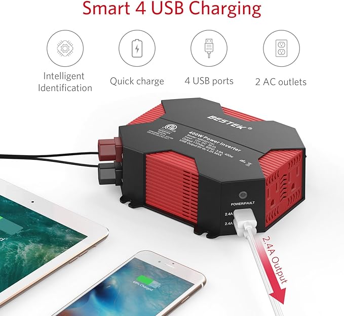 BESTEK 400W Car Power Inverter DC 12V to AC 110V Car Plug Inverter Adapter Power Converter with 4 USB Charging Ports and 2 AC Outlets Car Charger, ETL Listed