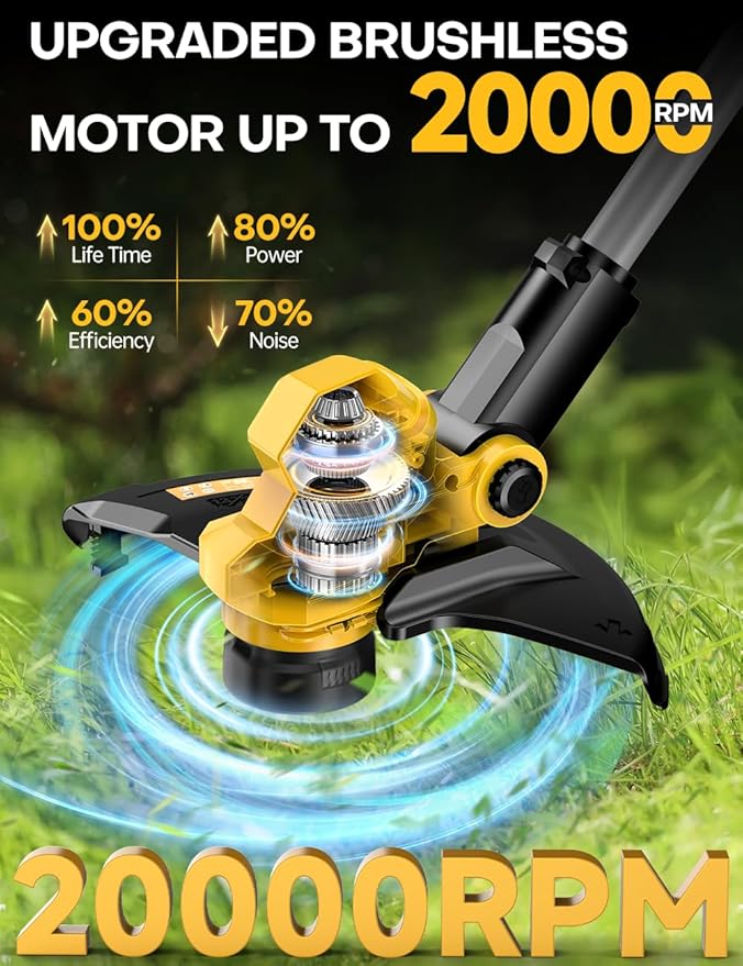 Cordless Weed Wacker, for Dewalt 20V Battery, 3 in 1 Battery Powered Weed Eater & Edger & Mower with Auto Line Feed, 20000 RPM 12 Inch Brushless Grass Trimmer, 6 Line Spools String Trimmer for Lawn