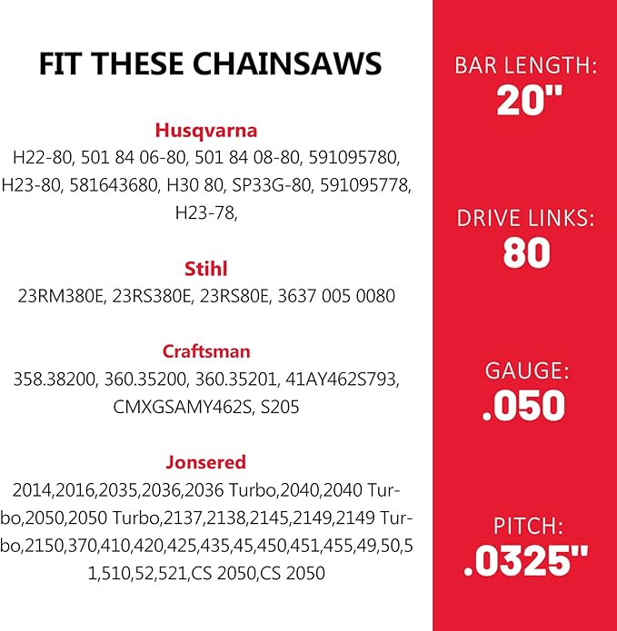 E & S 3 Pack 20 Inch Chainsaw Chain .325" Pitch .050" Gauge 80 Drive Links Semi-Chisel Chain Saw Chains for Husqvarna, Poulan, Craftsman, Greenworks and More Chainsaw Brands