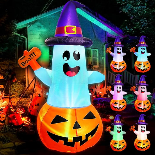 5FT Halloween Inflatables Decorations Outdoor Pumpkin Ghost with Multi-Color Flashing Build-in LED Blow Up Yard Decor Inflatables Clearance for Halloween Party Indoor Outdoor Yard Garden Lawn