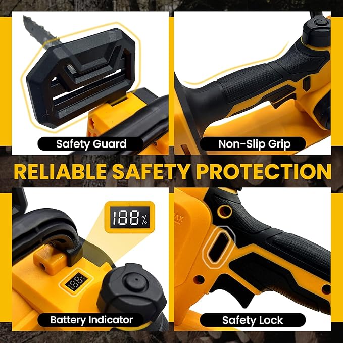 12 Inch Cordless Chainsaw Compatible with DeWalt 20V MAX, 1200W Brushless Motor, Auto Lubrication, Security Lock, Handheld Electric Chainsaw for Tree Trimming (Battery Not Included)