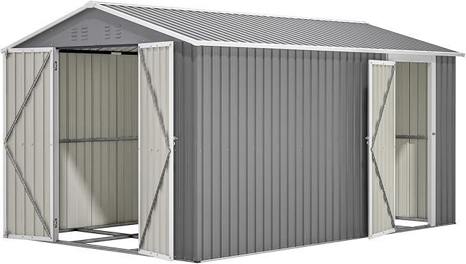 8x12 FT Metal Outdoor Storage Shed with Adjustable Side Door & Lockable Double Doors, Aluminum Frame, Weatherproof Tool Shed with Floor Frame for Garden, Backyard & Equipment Storage