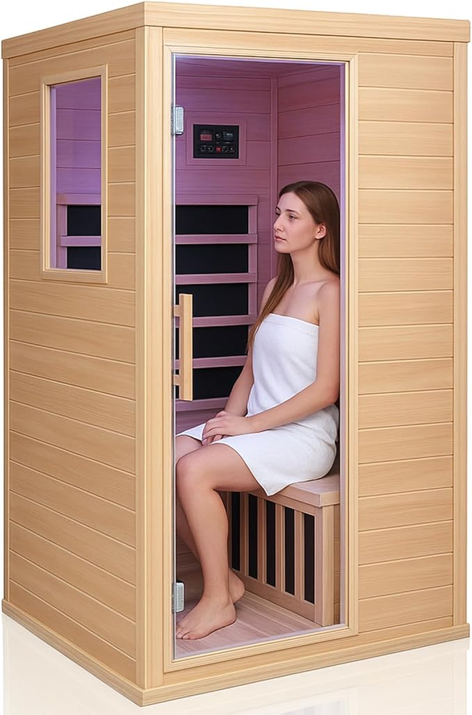 1350W Far Infrared Home Sauna, Energy-Efficient Fast-Heating Indoor Sauna Room with Bluetooth & 7-Color Therapy, Canadian Hemlock Wood, Modular Design - Ideal for Home Gym, Family Relaxation