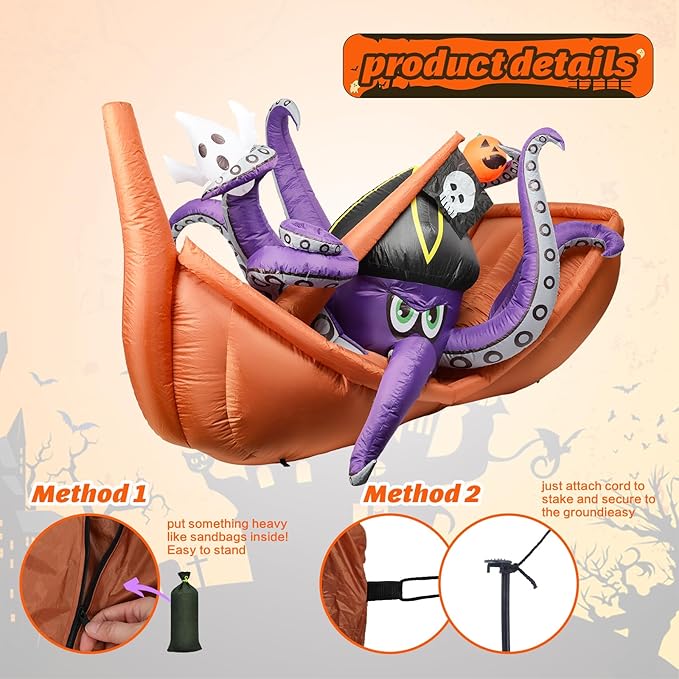 VCUTEKA 7FT Halloween Inflatable Octopus Pirate Ship Pumpkin Ghosts Outdoor Decoration, Blow Up Decor with LED Lights for Holiday Party Inflatables Indoor Home Garden Lawn Yard Decorations