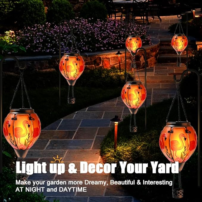 Hot Air Balloon Solar Lantern - Flamingo Stained Glass Lantern, Simulated Flickering & Dancing Flame, Outdoor Hanging Yard Light Waterproof IP65 for Patio Lawn Porch Decor Gift