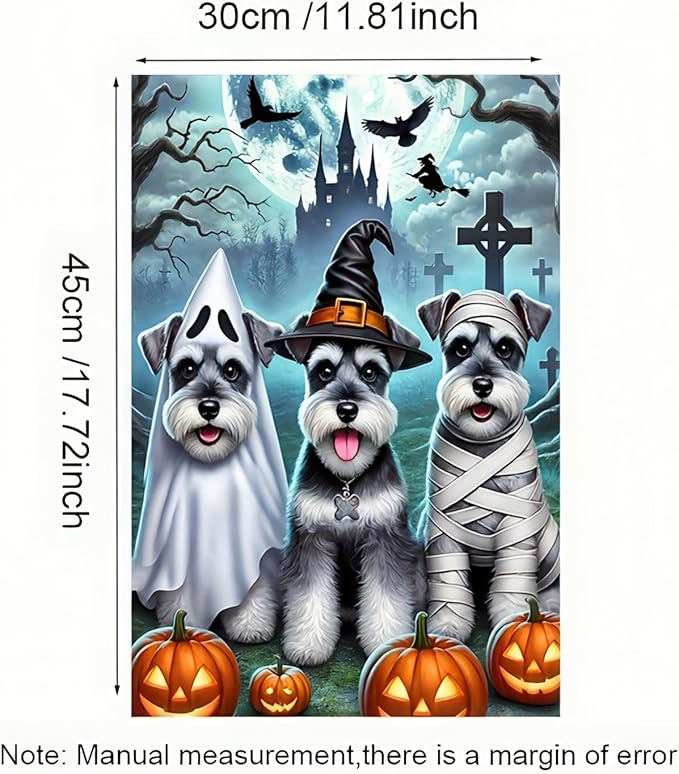 Halloween Garden Flag Double Sided 12x18 Flag Dog Fall Garden Flag Halloween Schnauzer Party Flag With Ghost Dress Up Mummy Dress Up Witch Ghost Black Castle Cross Lawn Outdoor Yard Banner