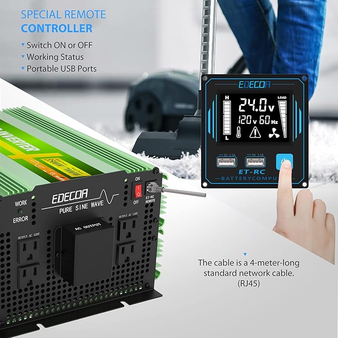EDECOA 3500W 24 Volts Pure Sine Wave Power Inverter DC 24V to 110V 120V AC with LCD Display and Remote Controller for Truck Motorhome Boat Power Converter