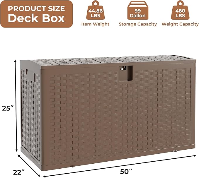 99 Gallon Outdoor Storage Box Waterproof, Patio Deck Storage Box For Package Delivery, Lockable Resin Deck Box, Deck Box Container for Furniture Cushions, Garden Tools, Pool Accessories