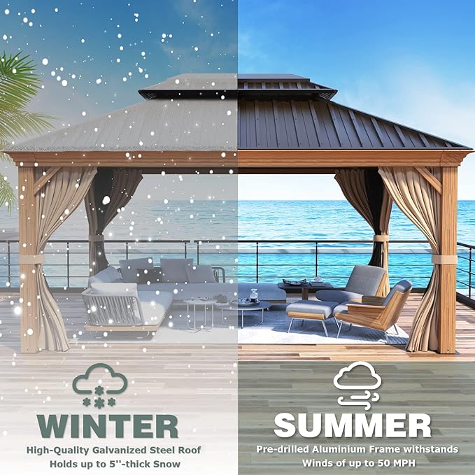 MELLCOM 12'x14' Wood Looking Hardtop Gazebo, Aluminum Frame and Galvanized Steel Double Roof, Metal Outdoor Gazebo with Curtains and Nettings for Deck Backyard and Patio