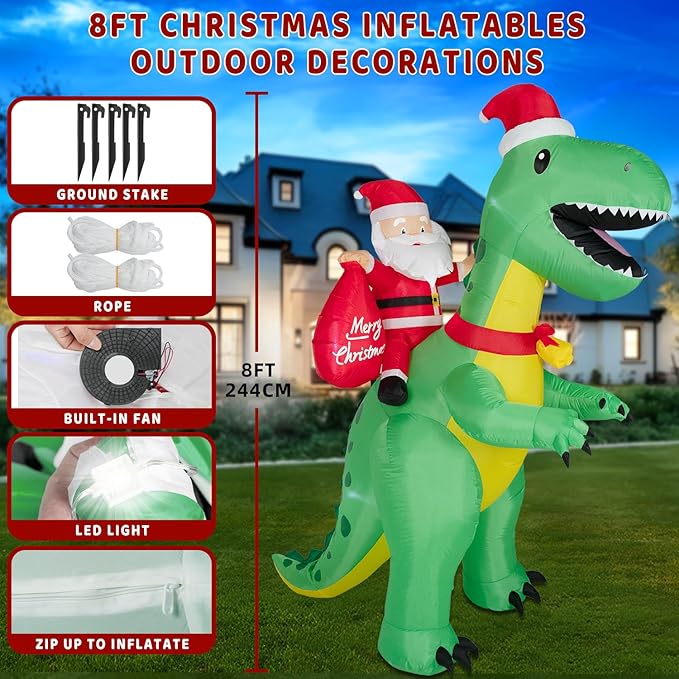8FT Christmas Inflatables Santa Claus Riding Dinosaur,Inflatables Decorations Outdoor/Indoor,Christmas Blow Up Santa Claus Yard Decorations Built-in LED Lights,for Yard/Lawn/Garden.
