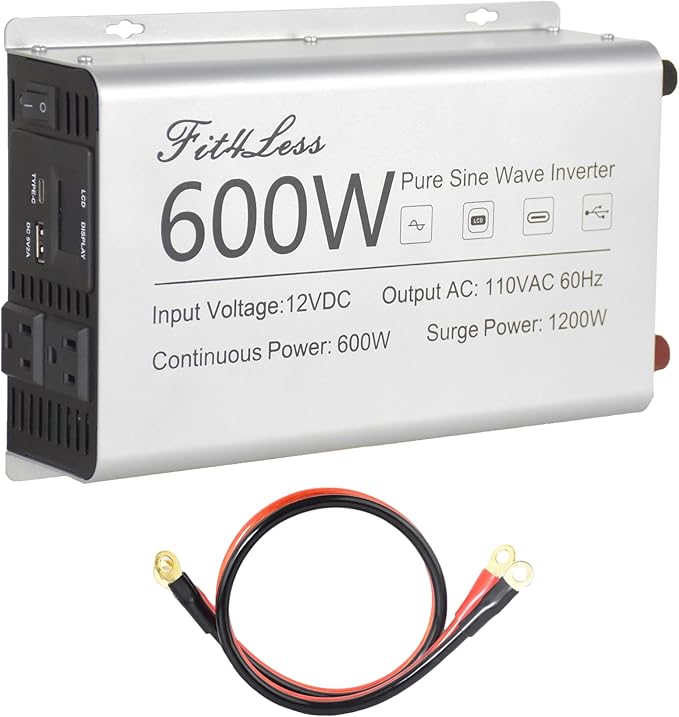 Pure sine Wave Inverter DC 12V Input and AC 110V Output with LCD Display, USB Output Port, Type-C Output Port(600W)